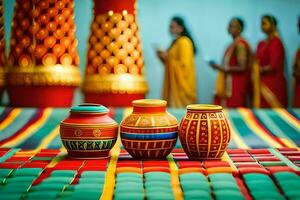 colorful pots on a table with people in the background. AI-Generated photo