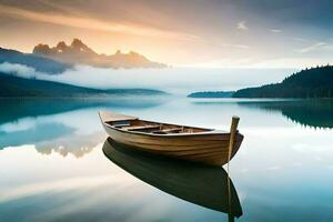 un barco en un lago a amanecer. generado por ai foto