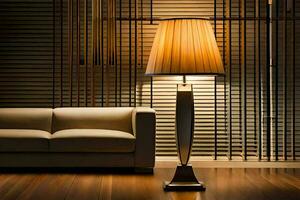 a lamp is sitting on a wooden floor next to a couch. AI-Generated photo