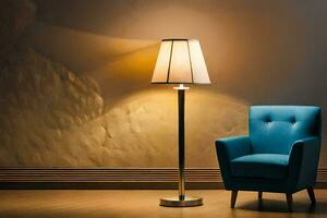 un azul silla y un lámpara en un habitación. generado por ai foto