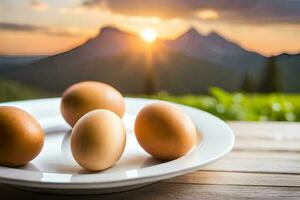eggs on a plate with mountains in the background. AI-Generated photo