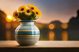 sunflowers in a vase on a table in front of a sunset. AI-Generated photo