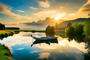 un barco es flotante en el agua a puesta de sol. generado por ai foto