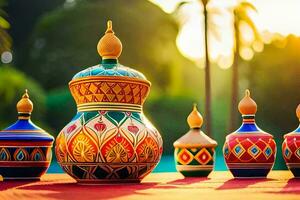 colorful vases on a red table with a sunset in the background. AI-Generated photo