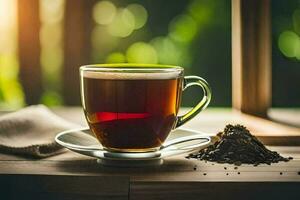 a cup of tea on a wooden table. AI-Generated photo