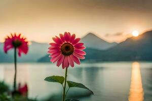 sunflower, the sun, the lake, the mountains, the mountains, the lake, the. AI-Generated photo