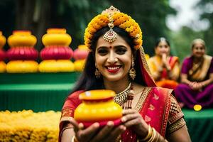 a woman in traditional indian attire holding a yellow pot. AI-Generated photo