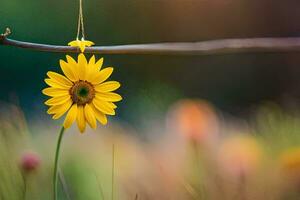 a yellow flower hanging from a branch in a field. AI-Generated photo