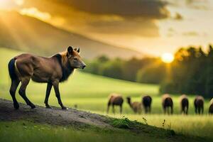 a herd of deer standing on a hill at sunset. AI-Generated photo