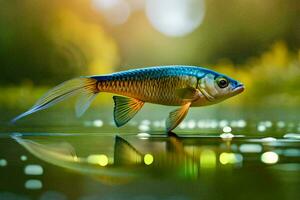 un pescado con azul y amarillo aletas en pie en agua. generado por ai foto