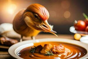 a bird with a red beak is eating soup. AI-Generated photo