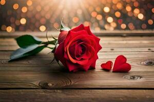 a single red rose on a wooden table with a heart. AI-Generated photo