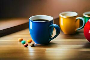 three colorful coffee cups sit on a wooden table. AI-Generated photo