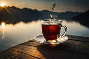 un taza de té en un de madera mesa en frente de un lago. generado por ai foto
