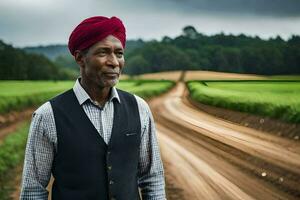 un hombre en un turbante en pie en un suciedad la carretera. generado por ai foto