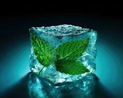 Fresh green mint leaves frozen in ice cubes. Concept of freshness and cool environment. AI Generated photo