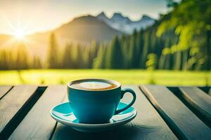 café taza en el mesa en el montañas. generado por ai foto