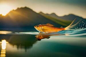 un pescado nadando en el agua con montañas en el antecedentes. generado por ai foto