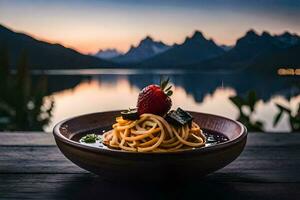 a bowl of pasta with strawberries and mountains in the background. AI-Generated photo