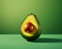 Fresh green natural avocado cut in half with seed. Closeup photo. AI Generated photo