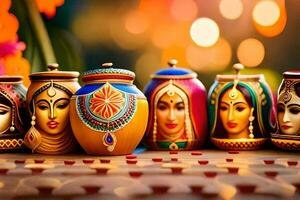 a group of colorful pots with indian faces on them. AI-Generated photo