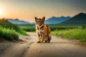 a lion is walking down a dirt road at sunset. AI-Generated photo