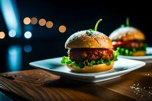 two hamburgers on white plates with lights in the background. AI-Generated photo