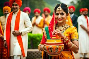 a woman in an indian wedding dress holding a pot. AI-Generated photo