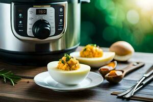 an instant pot with eggs and a bowl of food. AI-Generated photo