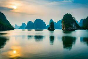 the sun sets over the water in halong bay, vietnam. AI-Generated photo
