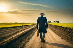 un hombre en un sombrero camina abajo un suciedad la carretera. generado por ai foto