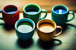 five colorful coffee cups sit on a wooden table. AI-Generated photo