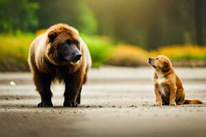 un marrón oso y un perrito en pie en un suciedad la carretera. generado por ai foto