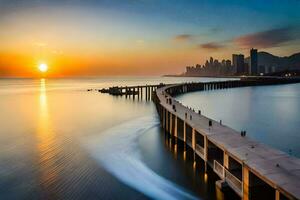 the sun sets over a pier in the ocean. AI-Generated photo