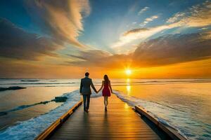 the couple is walking on a wooden bridge over the ocean. AI-Generated photo