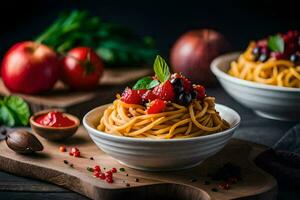 spaghetti with tomatoes and basil leaves in a bowl. AI-Generated photo