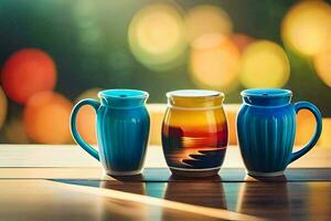 three colorful mugs sit on a table. AI-Generated photo