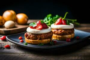 two small sandwiches with strawberries and cheese on a black plate. AI-Generated photo