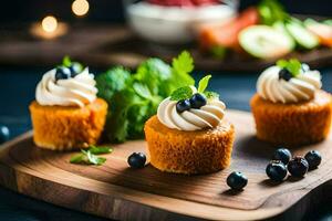 small cupcakes with cream and blueberries on a wooden cutting board. AI-Generated photo