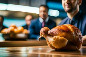 a man is holding a roasted turkey in front of a group of people. AI-Generated photo