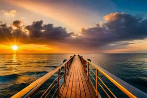 un de madera muelle Guías a el Oceano a puesta de sol. generado por ai foto