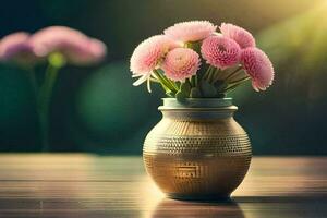 pink flowers in a vase on a table. AI-Generated photo