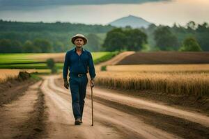 a man walking on a dirt road with a cane. AI-Generated photo