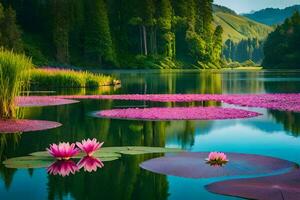 pink water lilies in a lake with green mountains in the background. AI-Generated photo