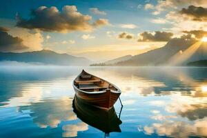 the boat is floating on the calm lake at sunrise. AI-Generated photo