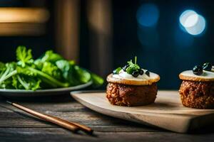 two mini cupcakes on a wooden board with a salad. AI-Generated photo