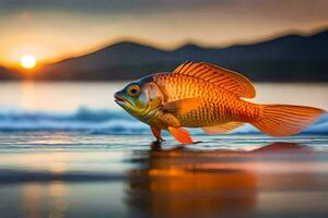 un pescado es en pie en el playa a puesta de sol. generado por ai foto