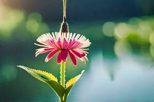 a pink flower is standing in front of a lake. AI-Generated photo