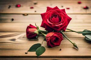 red roses on a wooden table. AI-Generated photo