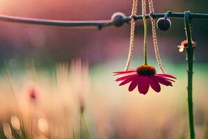 a flower hanging from a wire in a field. AI-Generated photo